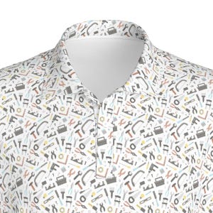 May include: White polo shirt with a repeating pattern of various tools in gray, orange, yellow, and blue. The tools include hammers, saws, wrenches, and toolboxes. The shirt has a classic collar and a three-button placket.