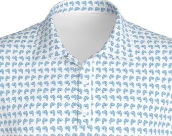 Bass Fish Pattern Polo for Fishing Lovers | White Shirt with Alternating Blue Bass | Perfect for Golf or Picklebacll