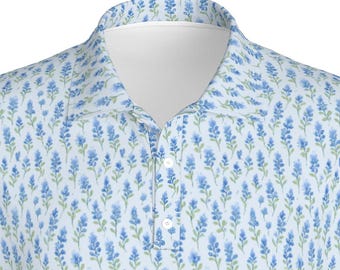 Polo de golf Bluebonnet / Camiseta de golf deportiva con estampado floral de Texas / Ropa deportiva para hombre