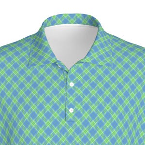 May include: A blue and green plaid polo shirt with a white collar and button closure.