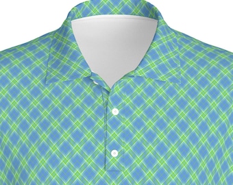Green Tartan Golf Polo Shirt | Blue Green Plaid Athletic Performance for Him | Perfect for Golf, Tennis, and Pickleball