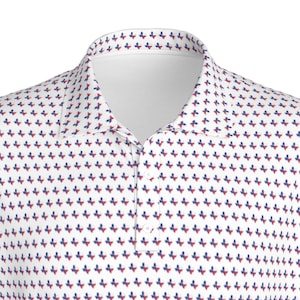 May include: White polo shirt with a repeating pattern of small Texas flags in red, white, and blue.