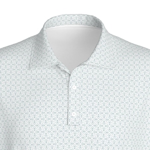 May include: A white polo shirt with a light blue geometric pattern. The shirt has a button-up collar and a button placket.