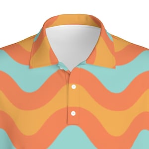 May include: A short-sleeved polo shirt with a wavy pattern in orange, yellow, and blue.