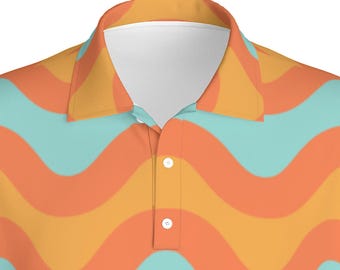 Orange Crush Golf Polo Shirt | Orange and Turquoise Wave Pattern Shirt for Him | Perfect for Golf, Tennis, and Pickleball