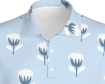Cotton Pattern Golf Polo Shirt | Light Blue Floral Athletic Wear for Him | Golf or Pickleball
