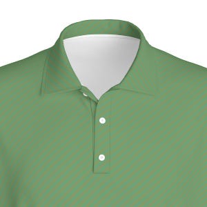 Op de afbeelding: Een groen en bruin gestreept poloshirt met een witte kraag en drie knopen.