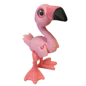 May include: A pink flamingo figurine with a black beak and large, expressive eyes. The bird has a textured body and webbed feet, standing upright. The figurine is a whimsical decorative item.