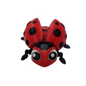 May include: A red ladybug figurine with black spots and a smiling face. The ladybug has large, white-rimmed eyes and black antennae and legs. The wings are open, showcasing the black spots.