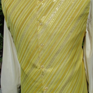 May include: A yellow and gold striped vest with a white collar and buttons.