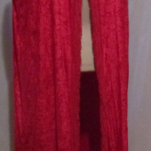 May include: A long, red velvet cape with a hood and fringe trim. The cape is tied at the neck with a ribbon.