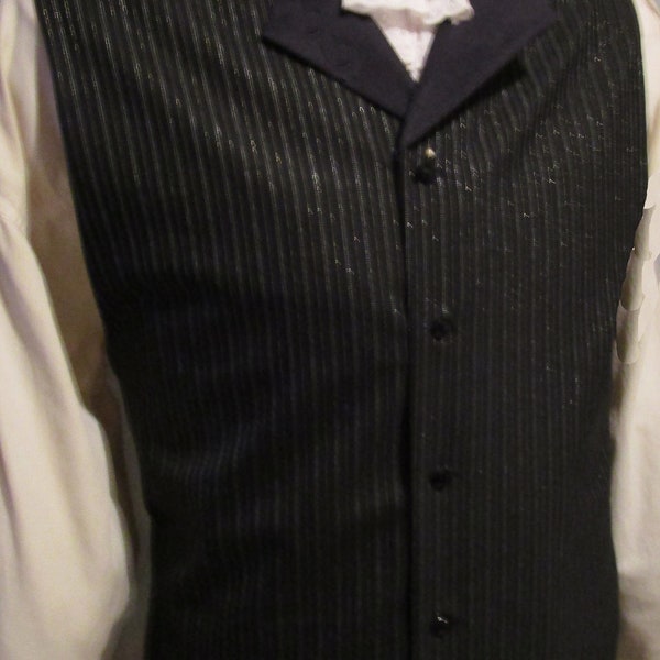 Mens Regency High Neck Lapel Vest 45" Black Silver Black Collar  - Dashing! (V56)