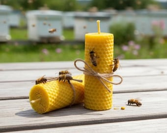 Vela de cera de abeja enrollada a mano, 100% pura con textura de panal, vela con cordel natural.