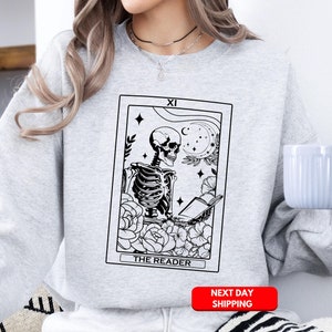 The Reader Tarot Card Shirt, Skeleton Reading Shirt, Unisex Tarot Card Tee, Book Lover Gift for Women, Bookish Gift, Trendy Halloween Hoodie