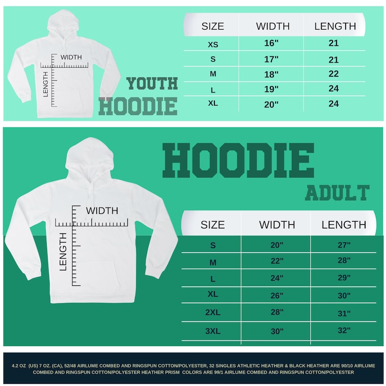 Op de afbeelding: Een maattabel voor hoodies voor jongeren en volwassenen. De tabel toont de breedte- en lengtemaat in inches voor elke maat, van XS tot 3XL.