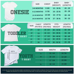 Puede incluir: Tabla de tallas para bodys, camisetas para ni&ntilde;os peque&ntilde;os y camisetas para j&oacute;venes. La tabla muestra las medidas de pecho, longitud y peso en pulgadas y libras. La tabla tambi&eacute;n incluye el texto "Onesies", "Toddler T-Shirt" y "Youth T-Shirt".