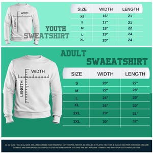 Op de afbeelding: Maattabel voor jeugd- en volwassen sweatshirts. De tabel toont de breedte- en lengtemaat in inches voor elke maat, van XS tot 3XL.