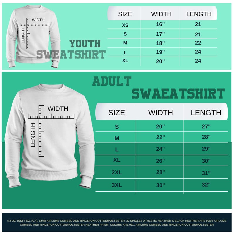 Op de afbeelding: Maattabel voor jeugd- en volwassen sweatshirts. De tabel toont de breedte- en lengtemaat in inches voor elke maat, van XS tot 3XL.