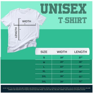 Op de afbeelding: Unisex t-shirt maattabel met metingen in inches. De tabel toont de breedte en lengte van het t-shirt in de maten S, M, L, XL, 2XL en 3XL.