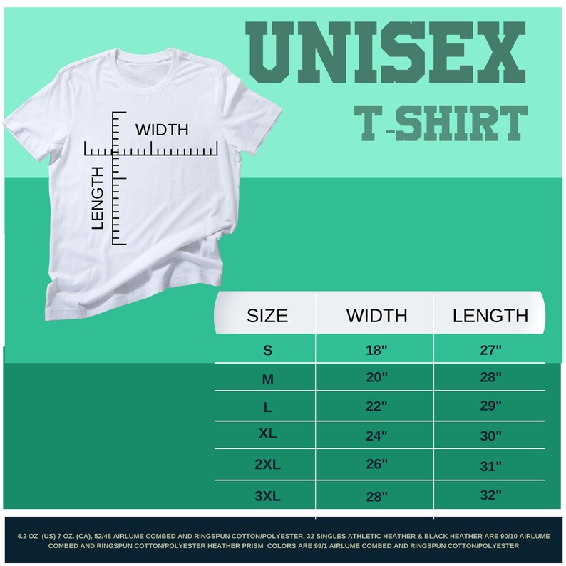 Op de afbeelding: Unisex t-shirt maattabel met metingen in inches. De tabel toont de breedte en lengte van het t-shirt in de maten S, M, L, XL, 2XL en 3XL.