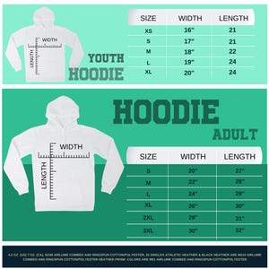 Puede incluir: Una tabla de tallas para sudaderas con capucha para j&oacute;venes y adultos. La tabla muestra las medidas de ancho y largo en pulgadas para cada talla, desde XS hasta 3XL.
