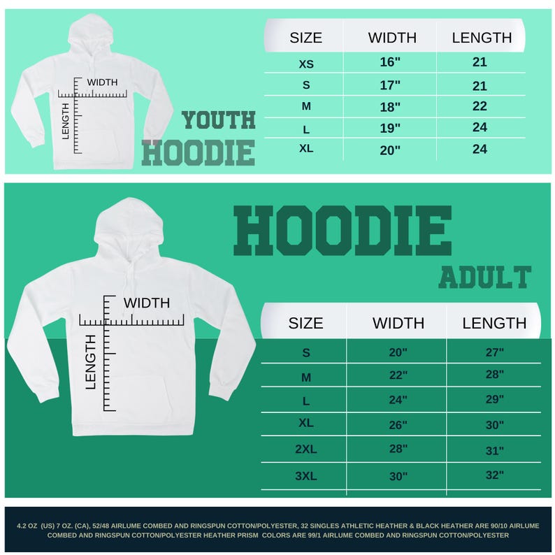 Puede incluir: Una tabla de tallas para sudaderas con capucha para j&oacute;venes y adultos. La tabla muestra las medidas de ancho y largo en pulgadas para cada talla, desde XS hasta 3XL.