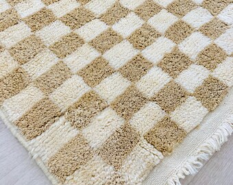 Beige Checkered Rug, Custom made Moroccan Berber rug, Handwoven Pale Brown Checkered rug