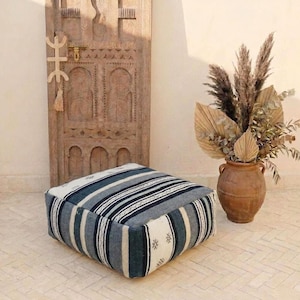 Indigo Blue & Cream Striped Kilim Pouf Cover with Berber Motifs, Vintage Moroccan Wool Floor Cushion, Boho Ottoman Case [UNSTUFFED]