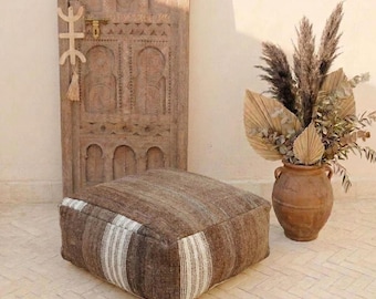 Earthy Brown Kilim Pouf Cover with Striped Edge, Rustic Wool Floor Cushion - UNSTUFFED Vintage Moroccan Boho Footstool