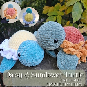 Daisy & Sunflower Turtle Crochet Pattern, Low Sew, Crochet Turtle Amigurumi, Cute Plushie PDF, Beginner Friendly, Flower Crochet Decoration