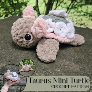 May include: A crocheted turtle toy in brown, pink, white, and grey. The turtle has a textured shell and a round face with a black eye. The text "Taurus Mini Turtle CROCHET PATTERN" is below the turtle.