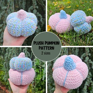 May include: Two plush crocheted pumpkins in pink and blue with a floral pattern. The pumpkins are in two sizes and are displayed on a green grassy background. The text "PLUSH PUMPKIN PATTERN 2 sizes" is displayed in the center of the image.