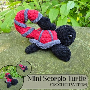 May include: A handmade crochet scorpion turtle in black, red, and gray. The scorpion tail is red with gray trim, and the turtle's body is black. The image includes the text "Mini Scorpio Turtle Crochet Pattern."