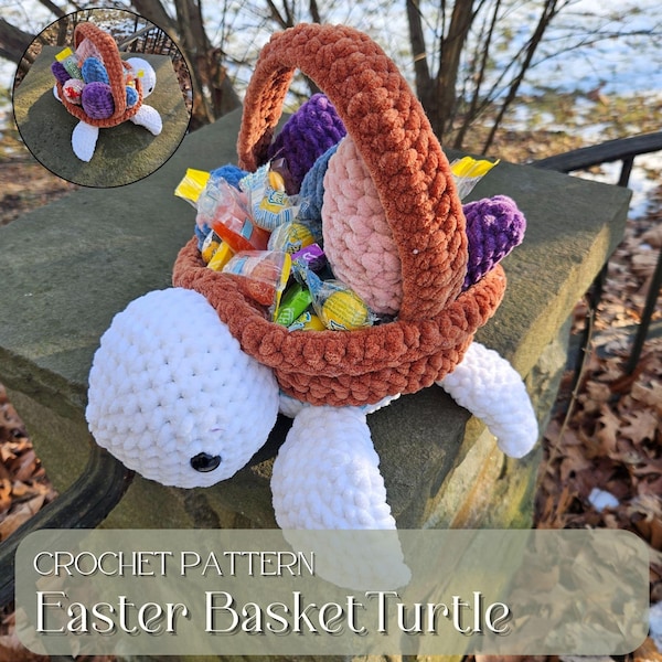 Patrón de crochet de tortuga para canasta de Pascua, cuerpo de costura baja, peluche grande, PDF, amigurumi para principiantes, decoración de crochet de primavera, regalo navideño