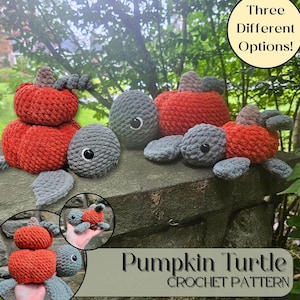 May include: Crochet pumpkin turtle pattern in orange, gray, and green. The image shows three different options for the pumpkin turtle design. The text in the image says "Pumpkin Turtle Crochet Pattern".