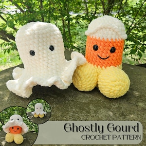 May include: Two plush Halloween-themed crochet figures. One is a white ghost with black eyes and a ruffled bottom. The other is a candy corn figure with a smiling face and yellow spheres. The text "Ghostly Gourd CROCHET PATTERN" is visible.
