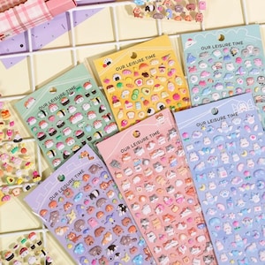 Lot de 6 autocollants gonflés mignons - Nourriture, chats, animaux et personnages kawaii 3D pour carnet de notes et travaux manuels | Cadeau pour enfants | Sticker Retour à l'école
