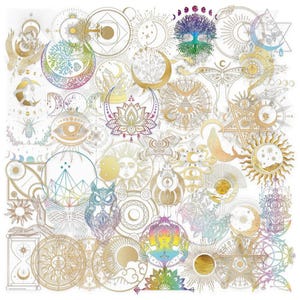 10/30/50 STKS Mystical Celestial stickervel – holografische gouden spirituele symbolen, manen, zonnen, mystiek hemellichaam, ogen en mandala-ontwerpen