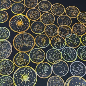 70 STKS holografische gouden en zilveren heksencirkelstickers – hemelse, kristallen en magische symbolen – boho-stickerpakket maan en zon esthetische