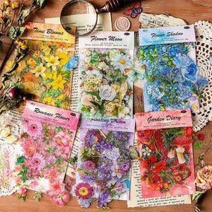 Paquete de 100 pegatinas florales de PET: 6 diseños florales estéticos / Calcomanías botánicas sin bordes para manualidades, álbumes de recortes, diarios y papelería.