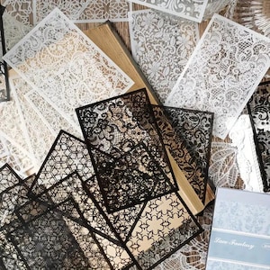 30 Stück (10,5 x 8 cm) Vintage-Spitzenmuster-Aufkleber - Schwarz-Weiß-transparente Aufkleber für Scrapbooking, Journaling, DIY-Handwerk und Kartenherstellung