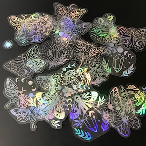 40 adesivos holográficos de borboletas celestiais – adesivos de lua de cristal com bruxas, decalques de vinil boho para diários, álbuns de recortes, planejadores e artesanato