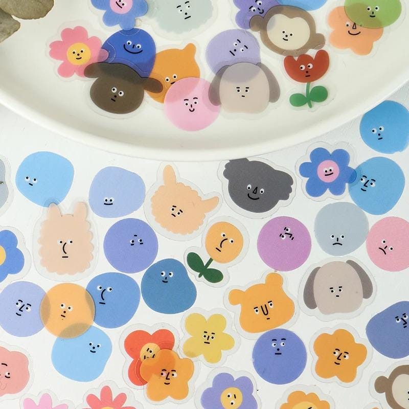 100 Pcs Cute Emoji Emotions Face Stickers – PET Pastel Flower and ...