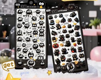 2 sheet Cute Black Cat and Coal Ball 3D Puffy Stickers | Kawaii Cat Embossed Stickers for Journals, Planners, Phone & DIY Crafts