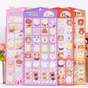4 hojas de pegatinas de animales de postre esponjosos kawaii: pegatinas de dulces adorables en 3D para manualidades infantiles, diarios y álbumes de recortes / pegatinas para la vuelta al cole