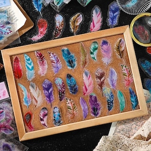 40 STKS PET-stickers transparante veren | Kleurrijke boho-verenstickers voor scrapbooking, journaling, doe-het-zelfontwerp, decoratie briefpapier