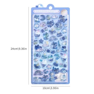 May include: A sheet of blue stickers with various designs, including cats, moons, and desserts. The sheet measures 9.36 inches in height and 3.90 inches in width. The text "BONBON DROP" is visible at the top.