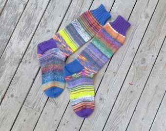 Hand Knit Socks Purple Rainbow