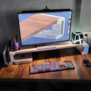 Minimalist Monitor Stand with Media Macro Pad, USB Hub, Laptop Slot