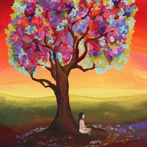 Mystical Fine Art Print Folk Artist Colorful Spiritual Wall Decor Feminine Energy Tree Art For Women image 1